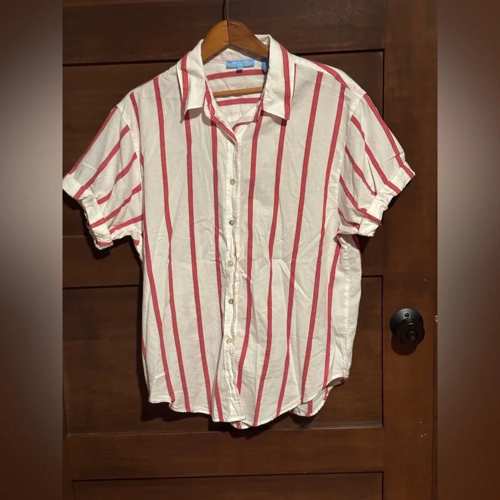 Draper James White Button-Down Shirt with Red Stripes 100% Cotton